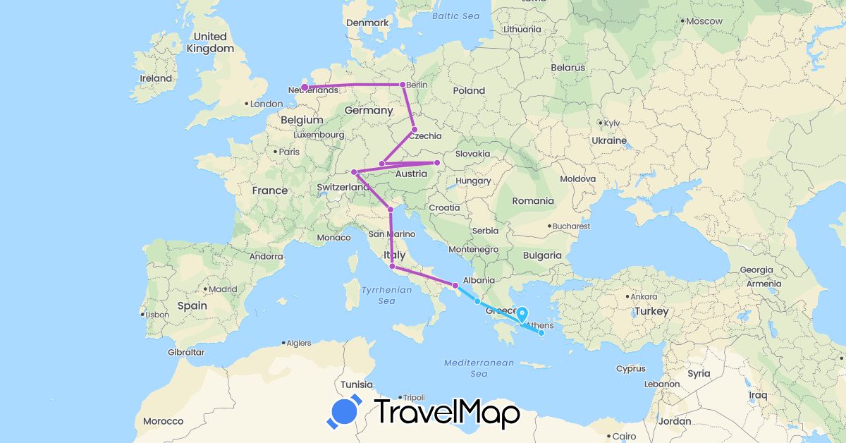 TravelMap itinerary: driving, train, boat in Austria, Czech Republic, Germany, Greece, Italy, Netherlands (Europe)